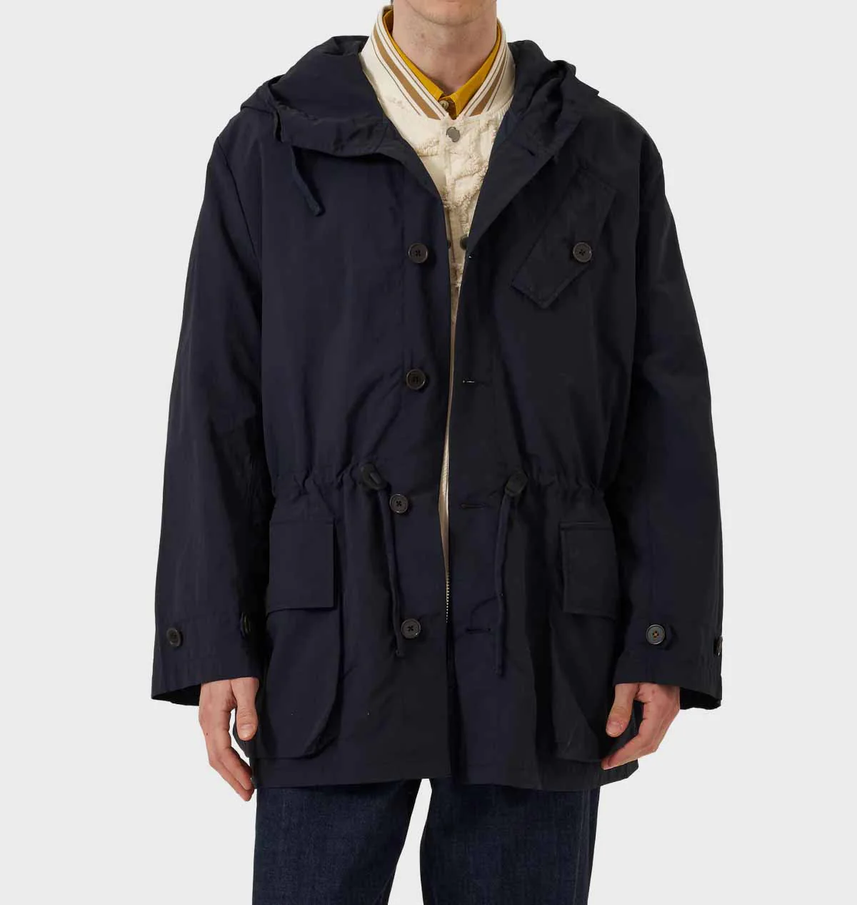 Universal Works Boston Parka in Navy Seo Recycled Nylon - Image 3